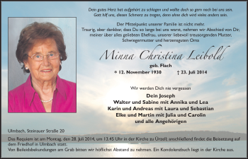 Traueranzeige von Minna Christina Leibold 