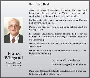 Traueranzeige von Franz Wiegand 