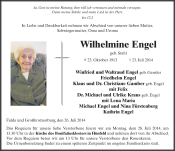 Traueranzeige von Wilhelmine Engel 
