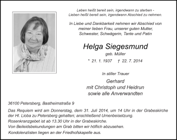 Traueranzeige von Helga Siegesmund 
