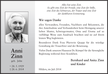 Traueranzeige von Anni Zinn 