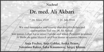 Traueranzeige von Ali Akbar Akbari-Kharrazi 