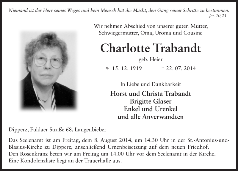 Traueranzeige für Charlotte Trabandt vom 06.08.2014 aus 