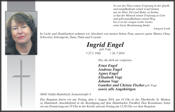 Traueranzeige von Ingrid Engel 