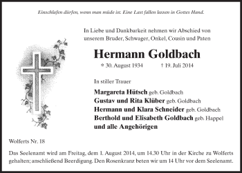 Traueranzeige von Hermann Goldbach 