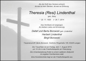 Traueranzeige von Theresia Lindenthal 