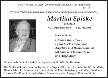 Traueranzeige von Martina Spiske 