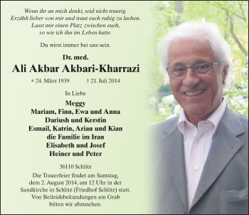 Traueranzeige von Ali Akbar Akbari-Kharrazi 