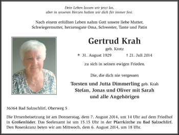 Traueranzeige von Gertrud Krah 