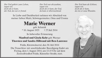 Traueranzeige von Marie Werner 