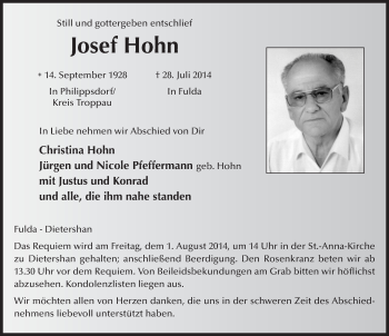 Traueranzeige von Josef Hohn 