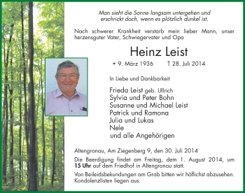 Traueranzeige von Heinz Leist 