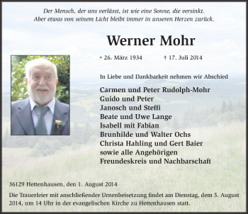 Traueranzeige von Werner Mohr 