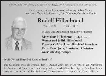 Traueranzeige von Rudolf Hillenbrand 