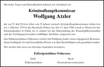 Traueranzeige von Wolfgang Atzler 