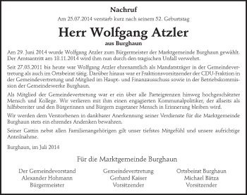 Traueranzeige von Wolfgang Atzler 