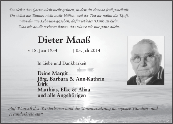 Traueranzeige von Dieter Maaß 