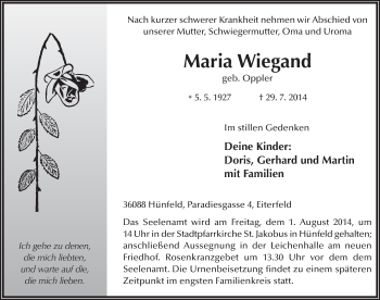 Traueranzeige von Maria Wiegand 
