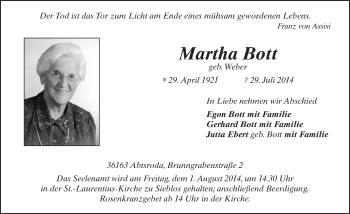 Traueranzeige von Martha Bott 