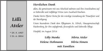 Traueranzeige von Lilli Atzler 