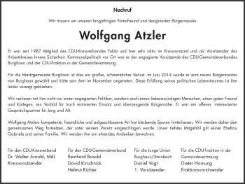 Traueranzeige von Wolfgang Atzler 
