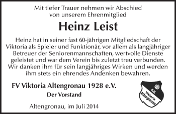Traueranzeige von Heinz Leist 