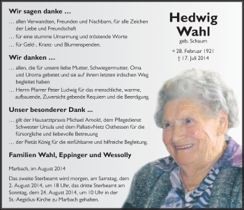 Traueranzeige von Hedwig Wahl 