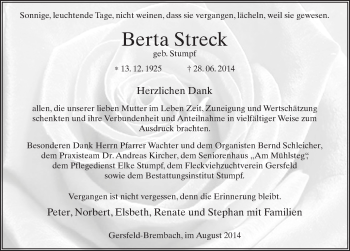 Traueranzeige von Bertra Streck 