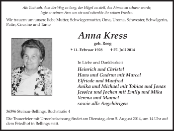 Traueranzeige von Anna Kress 