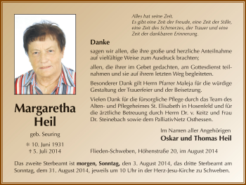 Traueranzeige von Margaretha Heil 