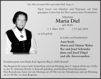 Traueranzeige von Maria Diel 