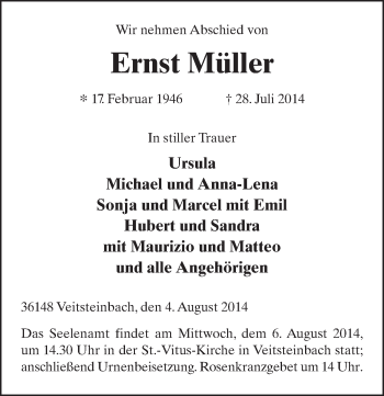 Traueranzeige von Ernst Müller 