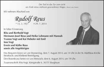 Traueranzeige von Rudolf Reus 