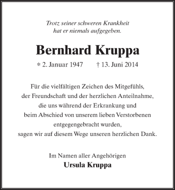Traueranzeige von Bernhard Kruppa 