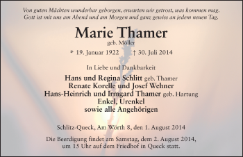 Traueranzeige von Marie Thamer 