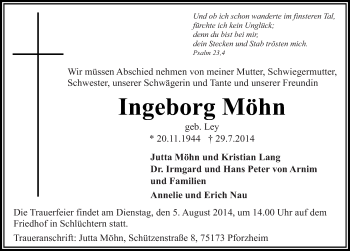 Traueranzeige von Ingeborg Möhn 