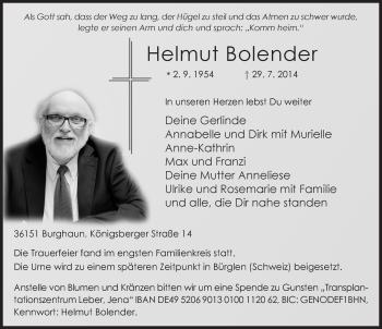 Traueranzeige von Helmut Bolender 