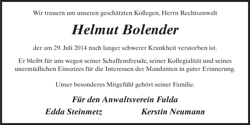  Traueranzeige für Helmut Bolender vom 04.08.2014 aus 