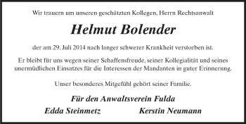 Traueranzeige von Helmut Bolender 
