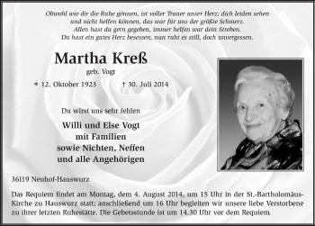 Traueranzeige von Martha Kreß 