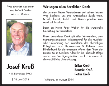 Traueranzeige von Josef Kreß 