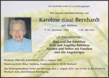 Traueranzeige von Karoline Bernhardt 