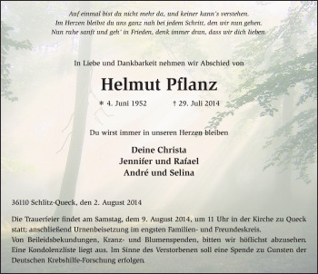 Traueranzeige von Helmut Pflanz 