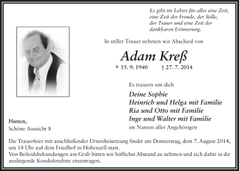 Traueranzeige von Adam Kreß 