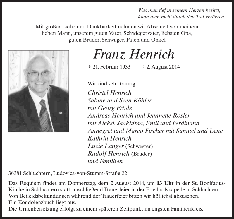  Traueranzeige für Franz Henrich vom 06.08.2014 aus 