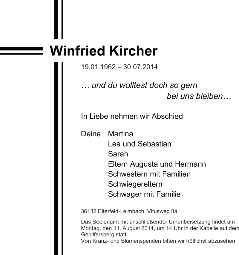  Traueranzeige für Winfried Kircher vom 07.08.2014 aus 