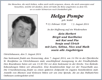 Traueranzeige von Helga Pompe 