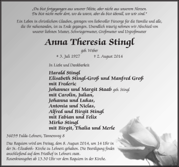 Traueranzeige von Anna Theresia Stingl 