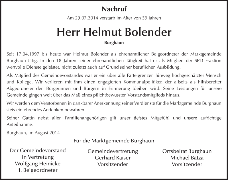  Traueranzeige für Helmut Bolender vom 05.08.2014 aus 