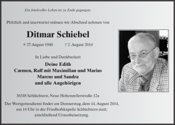 Traueranzeige von Ditmar Schiebel 